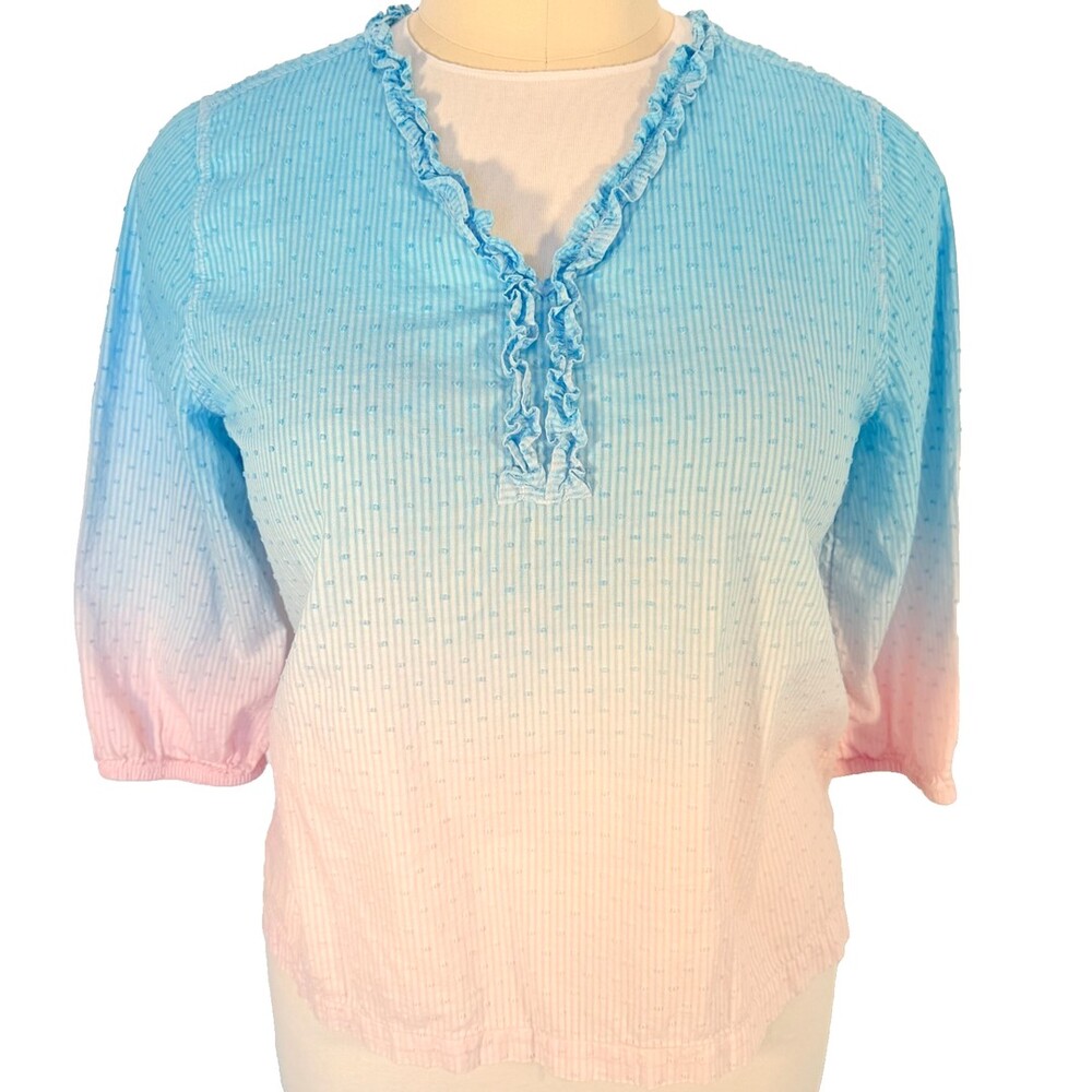 Chico's Blouse Women's XL Aqua Blue White Ombre Ruffle V-Neck 3/4 Slee
